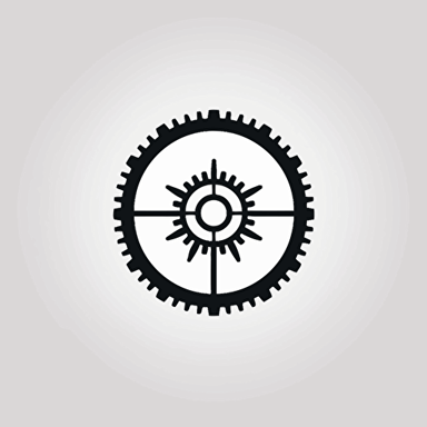 create a simple logo with a single gear in the middle and two gates surrounding the gear, mirror images of each other, vector, minimalistic