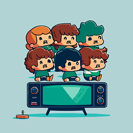 a television with a football displayed on it, there is a group of chibi style people sitting on a couch watching the television, vector image