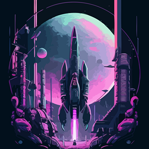 cyberpunk. nasa, vaporwave, rocket, launchpad, moon, symmetrical, vector