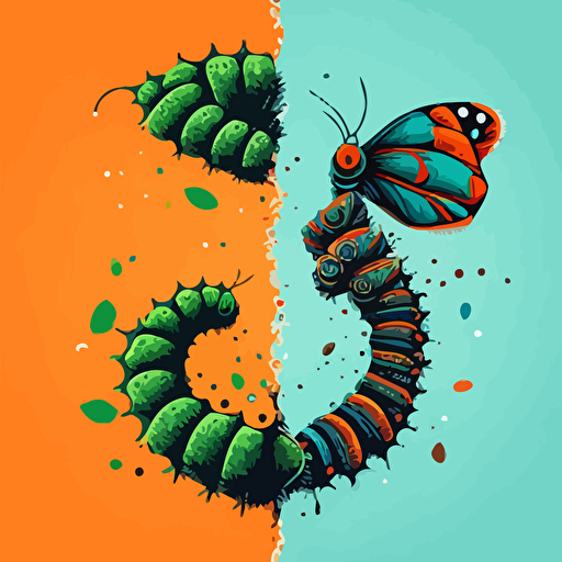 long time metamorphosis of a caterpillar transforms into a butterfly, vector minimalistic colorful drawing