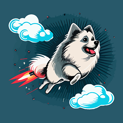 keeshond dog flying a rocket, simple vector art, cartoon style, Adobe Illustrator style art ::