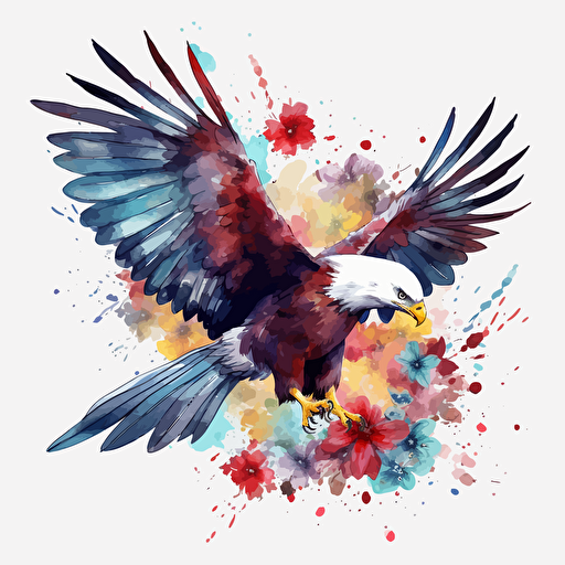 patriotic eagle, detailed, cartoon style, 2d watercolor clipart vector, creative and imaginative, floral, hd, white background