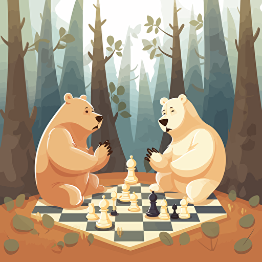 vector illustration of two happy bears playing chess in a forest