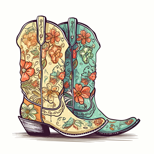 adorable brightly colored pair of cowboy boots with floral design on a white background + doodle style + white background + simple vector + bright colors