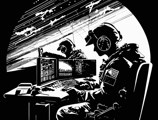 air force soldier hackers on computers in an operation center, satellites, black and white, circle shaped, vector art, logo