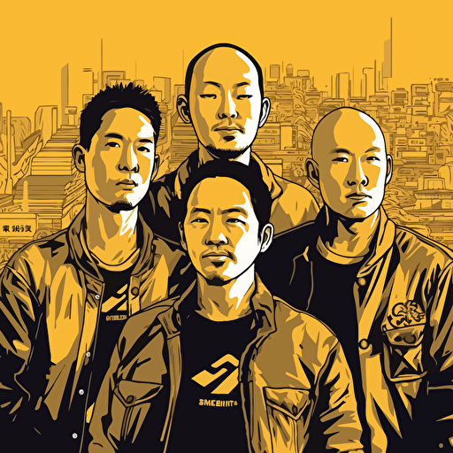 vector art of a Hong Kong rock band, five members, around 35years old, frontal stance, smiling, vibrant yellow