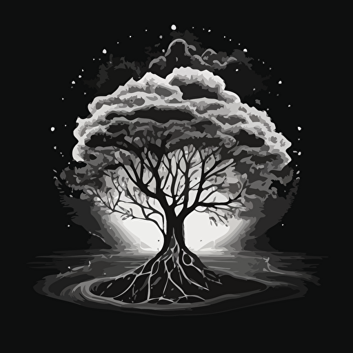white and black vector image of magical tree surrounded by a forcefield