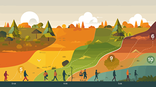 8 walking routes in a landscape. vector illustration.