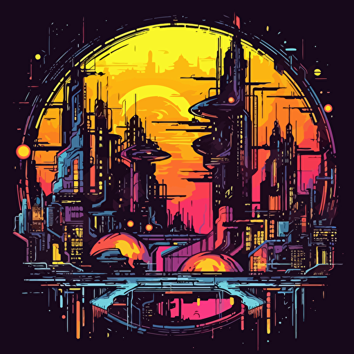 vector illustration of cool Cyberpunk city, simple colors and art, logo