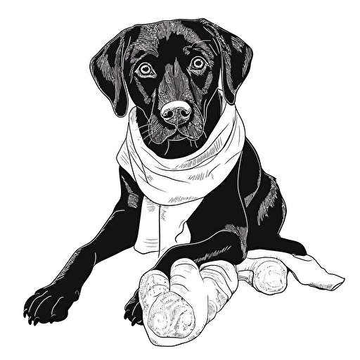 black and white clipart of a 2-year-old black labrador retriever holding a white sock, simple line drawing, vector art, isolated on white background