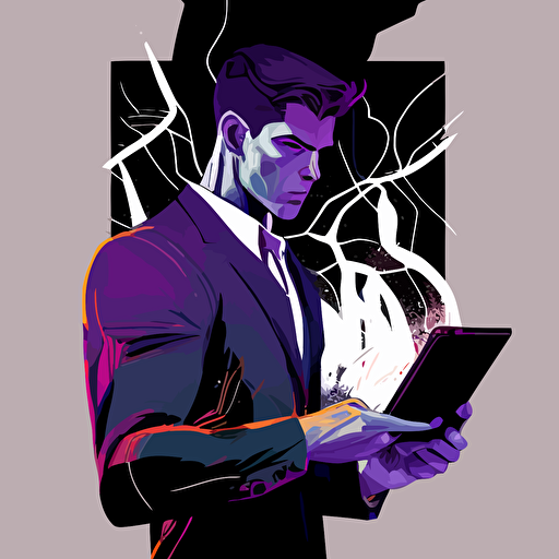 2d vector art, marvel style, man using a suit holding a tablet and looking at it