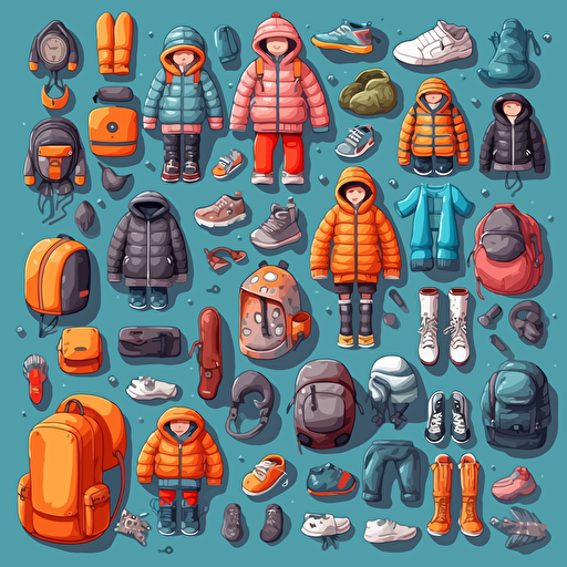 A set of 50 different gloves, beanies, hats, caps, shoes, pants, jackets, backpacks and duffelbags for kids age between 3-7, vector art by Martina Krupičková, behance contest winner, postminimalism, digital illustration, flat shading, 2d game art.