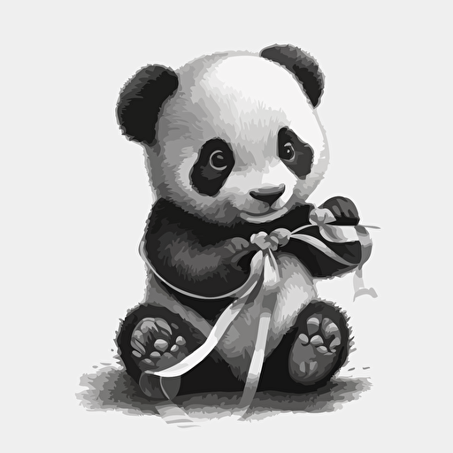 A vectorized image of a baby panda holding a streamer in black and white.
