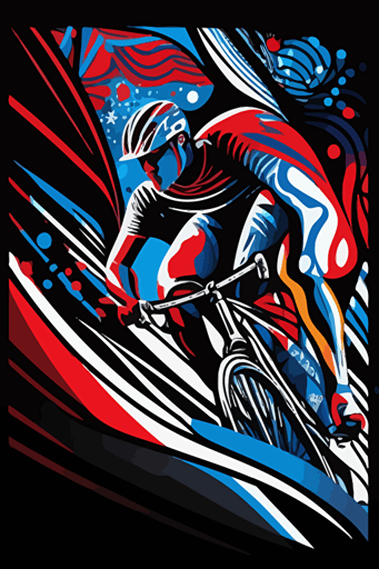 abstract cycling on mountain bike, blue, red and white colors, pop art deco illustration, hand vector art, black background,