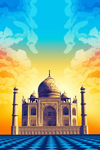 taj mahal, honeycomb amorphous mosaic background, bright lighting, summer vibrant colors, blue sky, sun in sky, faint clouds, front view, vector,