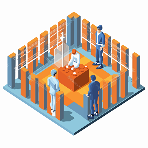 flat vector icon, prisoner educational opportunities, blue and orange and white and dark gray, isometric