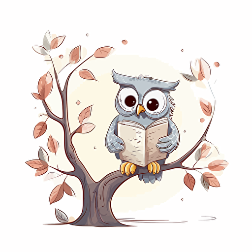 kids storybook style, a happy Owl reading a book, gray color, cream color owl, sitting on a branch, white background, vector illustration, illustration