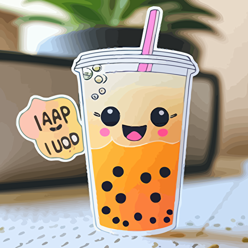 kawaii [pink, orange and yellow] boba tea [happy face] diecut sticker, adorable, neon colour, digital art, vector, white background, detailed