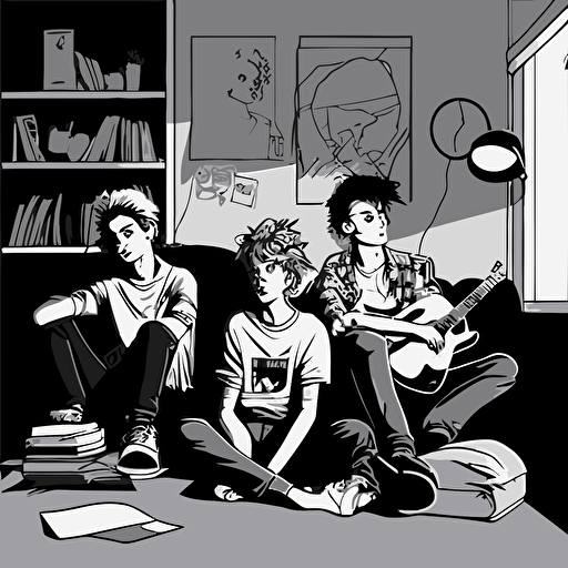 3 young, in the ´90, sitting on a couch. The room is messy, there are clothes thrown on the floor. The walls have posters of rock bands. There is a shelf with stacked records. vector geometric Simple Lineart