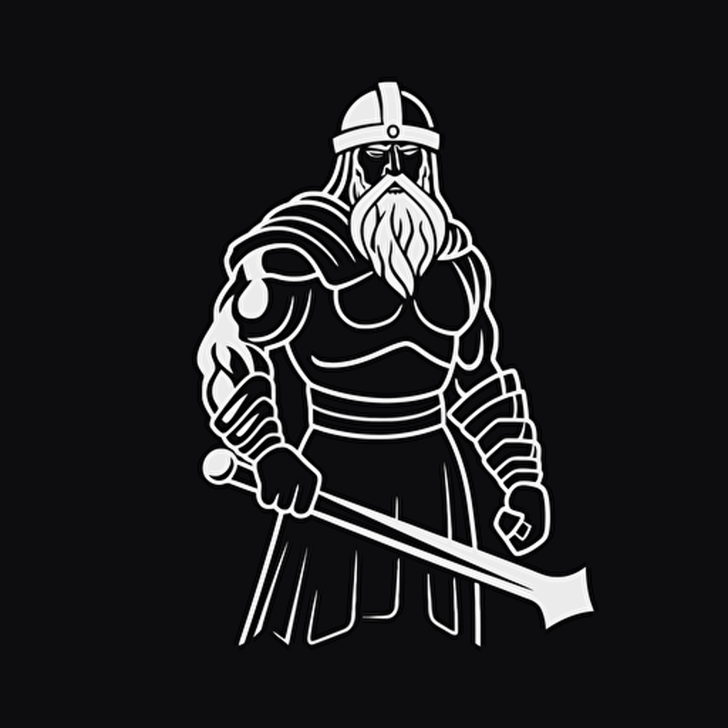 solid line white on black, medieval axe man, black background, vector, 3:4, simple 2D