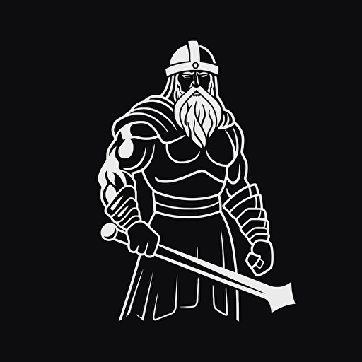 solid line white on black, medieval axe man, black background, vector, 3:4, simple 2D