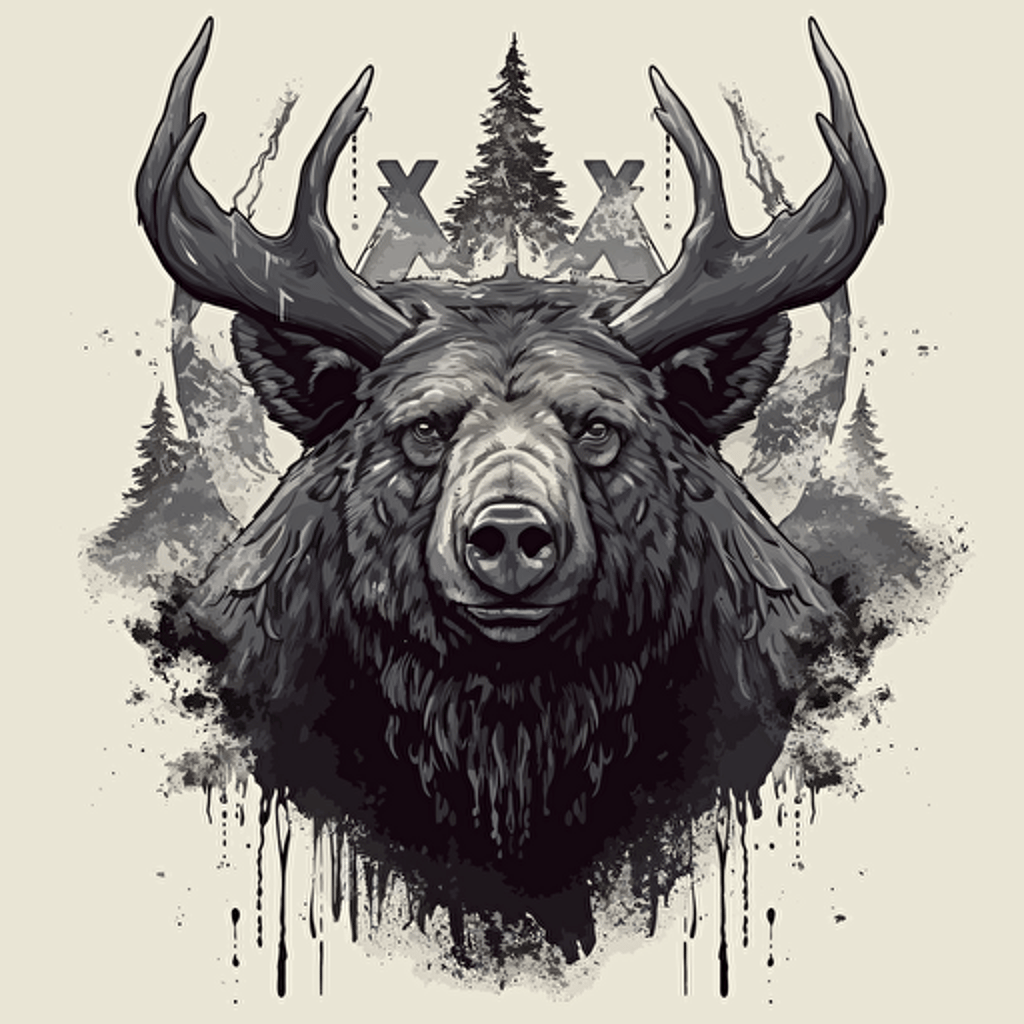 Grizzly bear with a fish in his mouth, with elk antlers on his head, close up, black and white illustration, simple vector :: vector style
