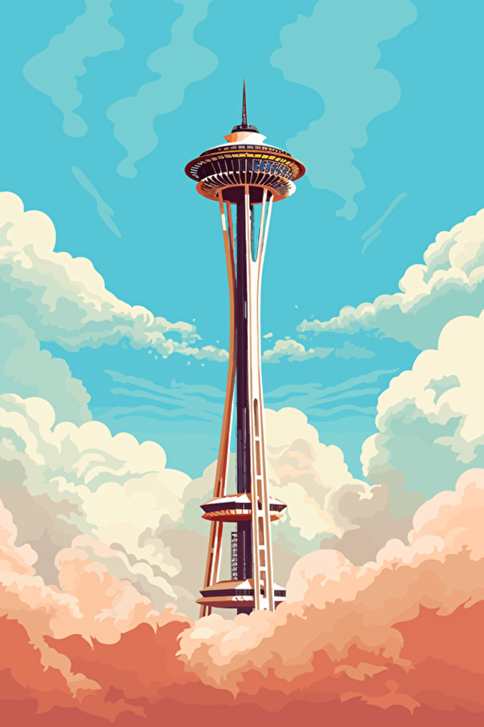 vector art, seattle, space needle, from below, clouds