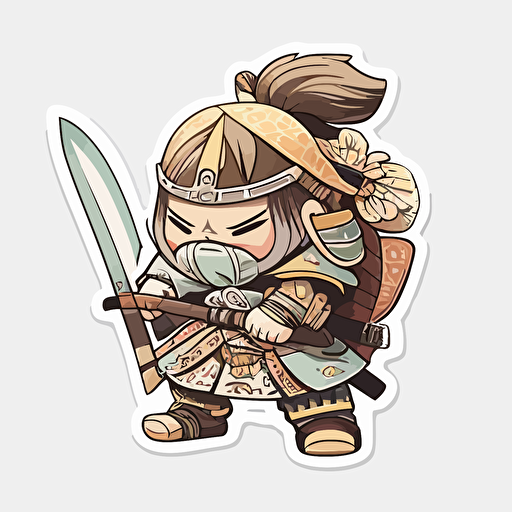 Samurai, Sticker, Cute, Pastel, Digital Art, Contour, Vector, White Background, Detailed