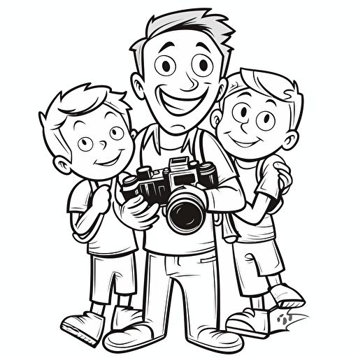 a black and white logo for fathers day, 2d, shall contain a father and two kids, a 5 year boy and a 11 year girl, all shall smile and be happy, shall look into the camara, shall apeal to fathers, vector art, no gradients