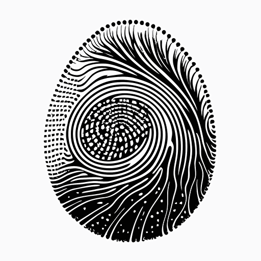 a futuristic pictorial iconic logo of a fingerprint interlaced with circuits, black vector on white background.