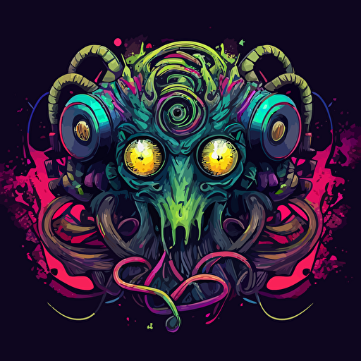 an odd little creature from another dimension DJing, colourful, logo design, vector, illustration, super detailed