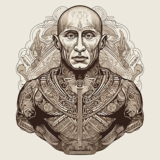 Putin, torso, vector, highly detailed, gritty tatoos aztec style
