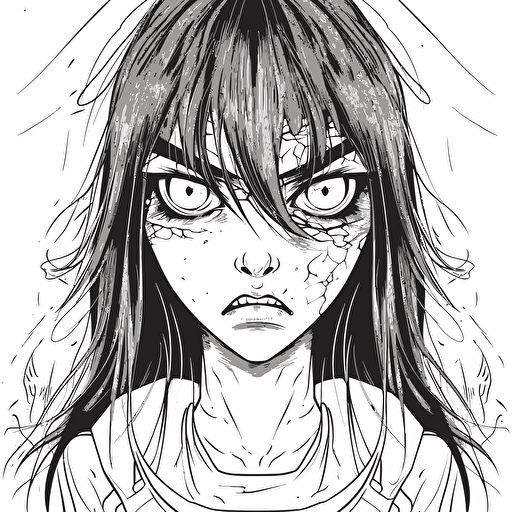 horror angry girl black and white vector lineart on white bg