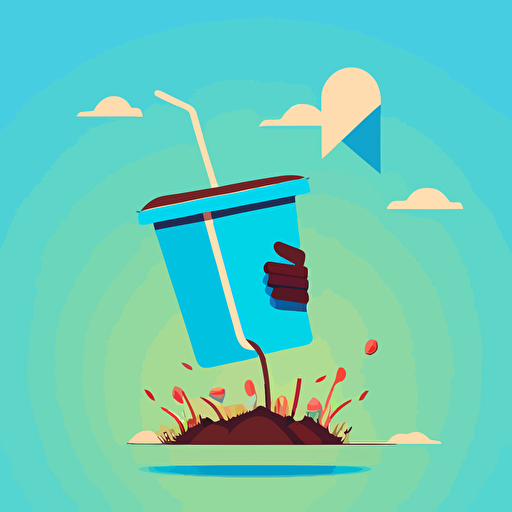 2d vector illustration, a hand dropping a translucent cup into a trash receptacle, the cup is floating in mid air towards the receptacle, no straw, grass, blue sky, wrist band, signage