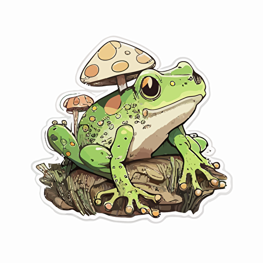 cute frog with toad stools, Sticker, Adorable, Textured, Minimal, Contour, Vector, White Background, Detailed