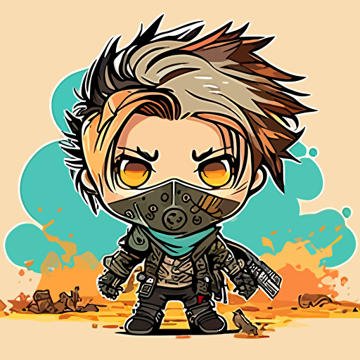 Cute post apocalyptic boy, mad max, wasteland background, chibi style, vector art, sticker