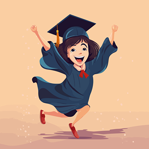 vector illustration of a happy young girl jumping in graduation cap and gown