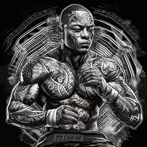 hyper detailed vector illustration of mayan mma fighter shadowboxing, black white and grays, black background, poster quality