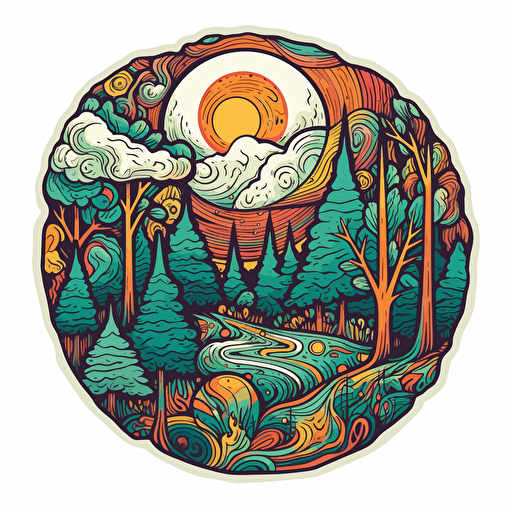 Vector sticker for a forest themed gift shop realistc, trippy, professional, white background, happy, bright colors, the moon, swirls, sacred shapes