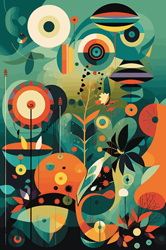 surreal shapes, 2d vector art, vibrant illustration, style of charley harper, jim shore and mary blair
