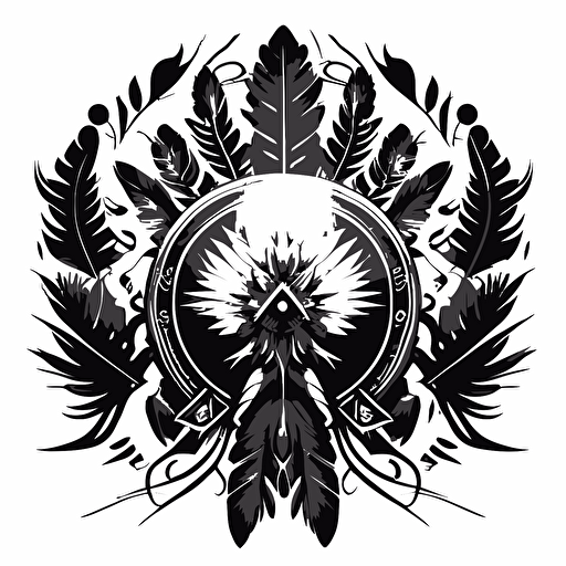 vector, black and white image, isolated on white, tribal shield surrounded by leaves and feathers, totems, aztec inspired