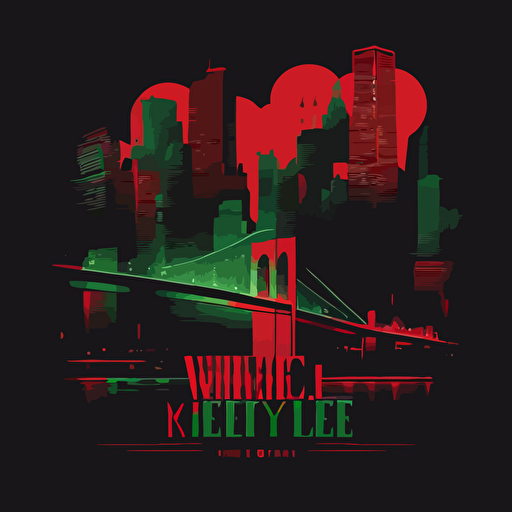 new york city skyline with brooklyn bridge in a tribe called quest cover style, red and green on black background, vector illustrated, flat design