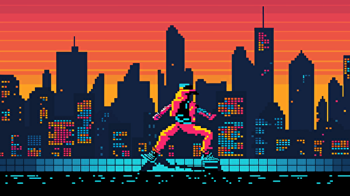 flat vector 8 bit atari pixel art style, 80s break dancer bboys in brooklyn