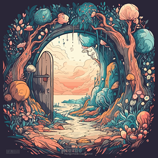 cozy fantasy portal in bright daytime, close up, looking out to other surreal dimension with colorful flowers, trees, cliffs, creatures. Vector illustration. 2D hand drawn cartoon animation style. — ar 16:9