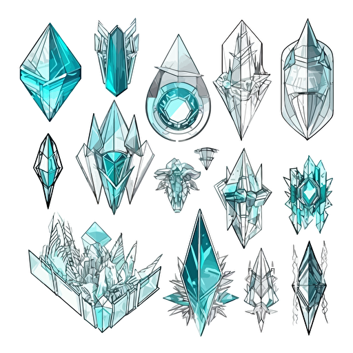 Collection of futuristic cut jewels, cyber punk, translucent, shiny object, high detail, symmetrical, vector, cartoon, white background