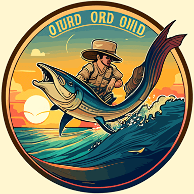 Logo and brand for the "Saltwater Cowboy OBO" featuring view from a modern fishing boat looking out at a young athletic Cowboy, tan skin, wearing a cowboy hat, sunglasses, riding on top of a large blue marlin jumping out of the ocean with the sunset in the background, flat, vector, 2D, modern