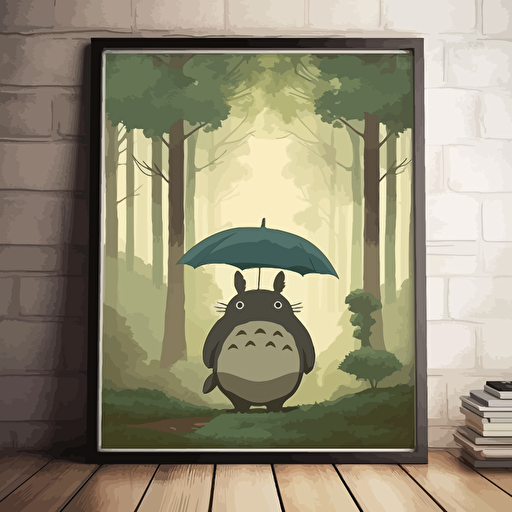 Movie poster, minimalist, vector, art deco, Minimalist movie poster, of totoro standing in a lush forest with an umbrella 2:3