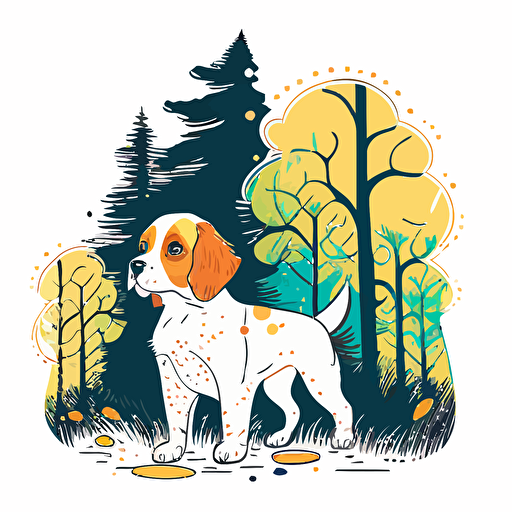cute dog in the forest, big cute eyes, pixar style, outline and simple shapes, pointillism style, flat vector, white background