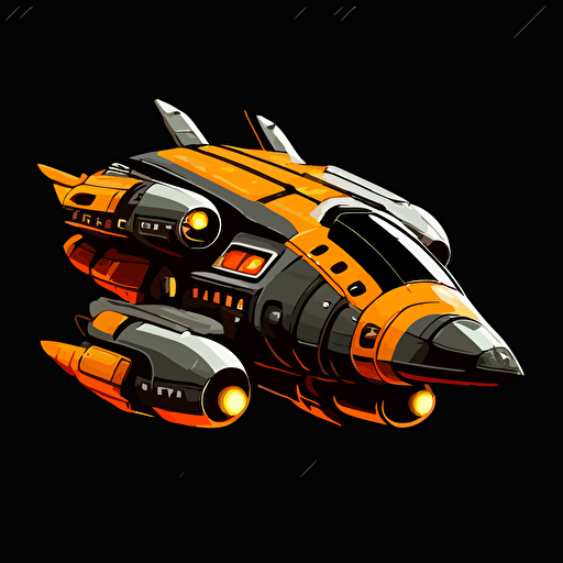 futuristic mining space ship, logo on the hull, orange and grey, black background, simple, vector