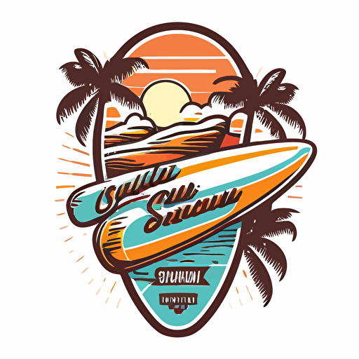 create a beach surfboard company vector logo on white background with 80s style colors
